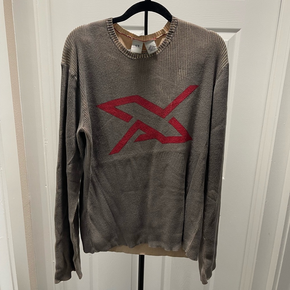 🛑 Armani Exchange Stretchy Taupe Sweater with Bold Red Emblem (Unisex)